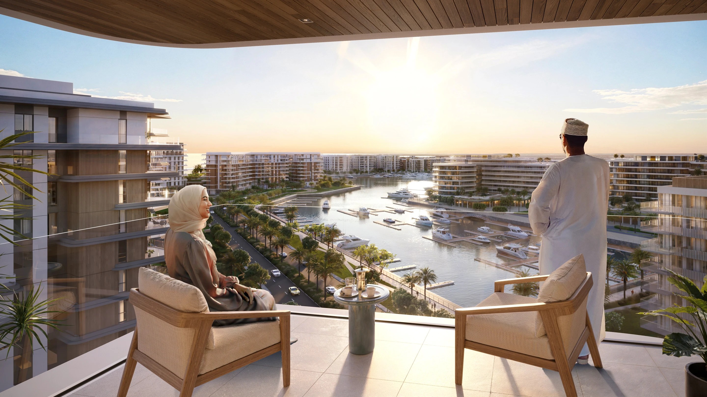 Sunset view over Al Mouj marina from a waterfront residence