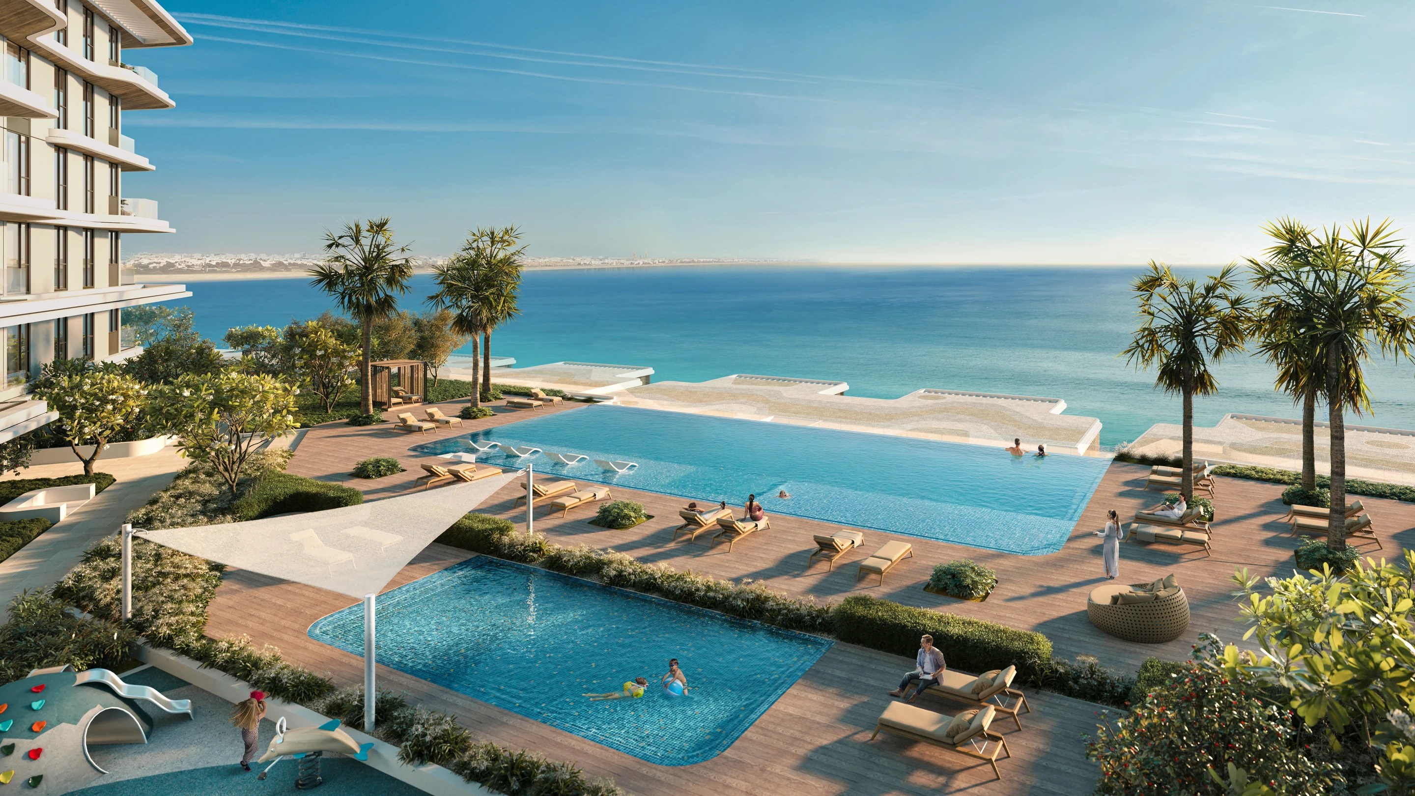 Resort living at Al Mouj with ocean-facing pools and beach leisure