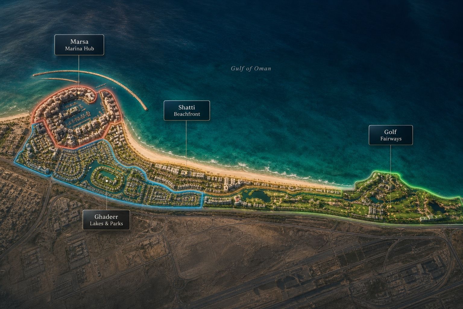 Al Mouj Muscat official masterplan showing Marsa, Shatti, Ghadeer, and Golf districts