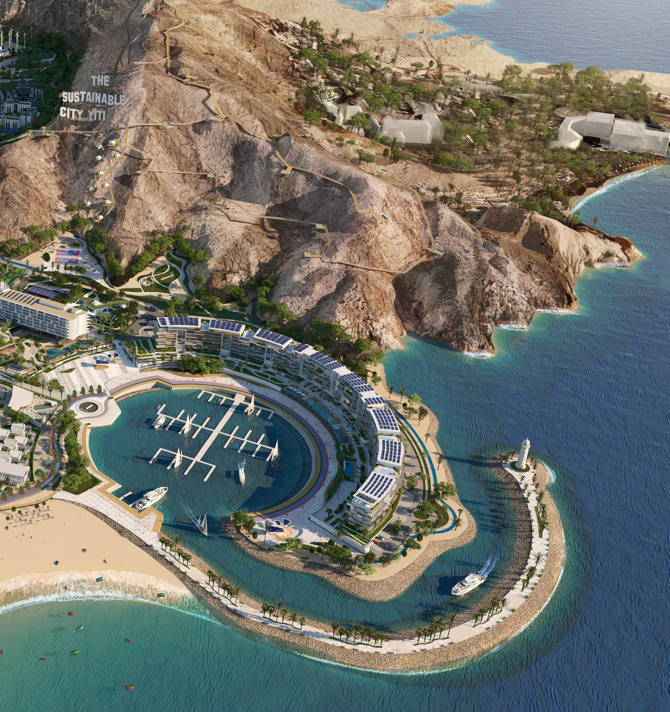 Aerial view of the Yiti coastal masterplan and marina